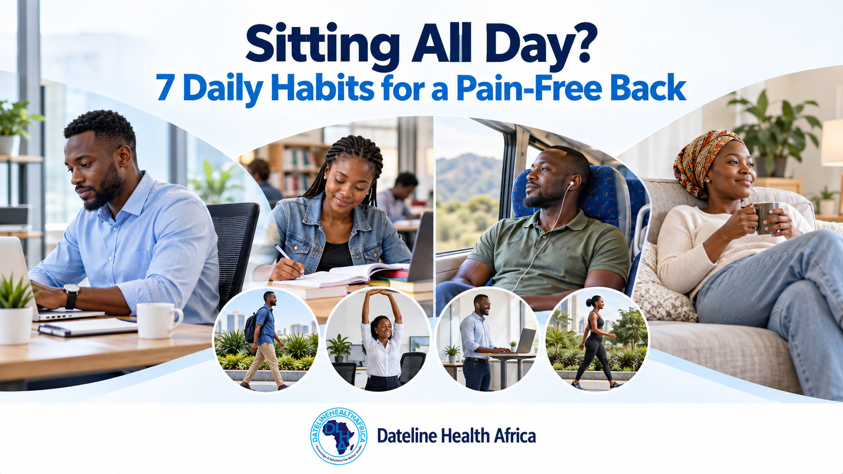 African adults in office, study, travel, and home settings showing daily sitting routines and movement habits for a healthier pain-free back.
